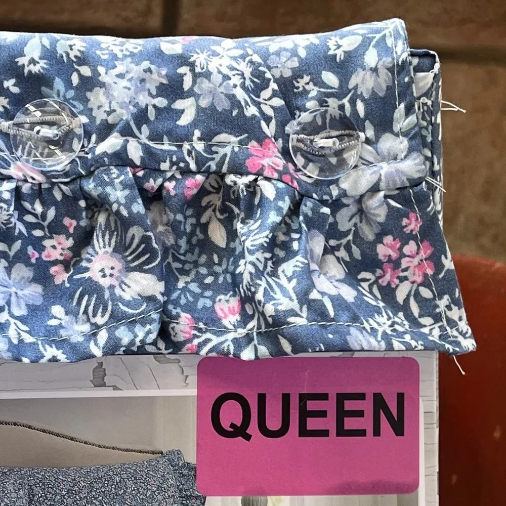 The FARMHOUSE Shabby Chic RUFFLED BLUE PINK FLORAL QUEEN Sheet Set  (BLUE BKGD) - Picture 8 of 8